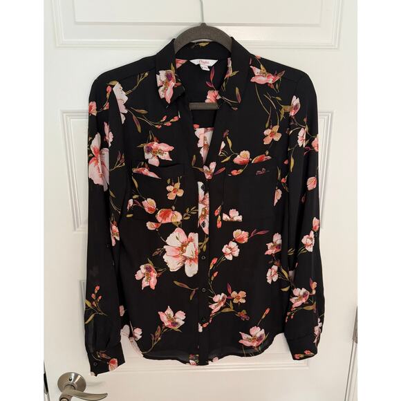 Candie’s Women’s Floral Button Down Blouse Black Pink Long Sleeve Size S - Picture 1 of 6